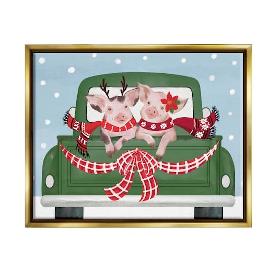 Stupell Industries Farmhouse Pigs Green Holiday Truck Framed Floater Canvas Wall Art